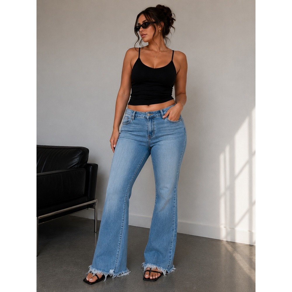 Mica Denim Women Blue Flare Jeans Raw Hem MDP-F124 Size 30